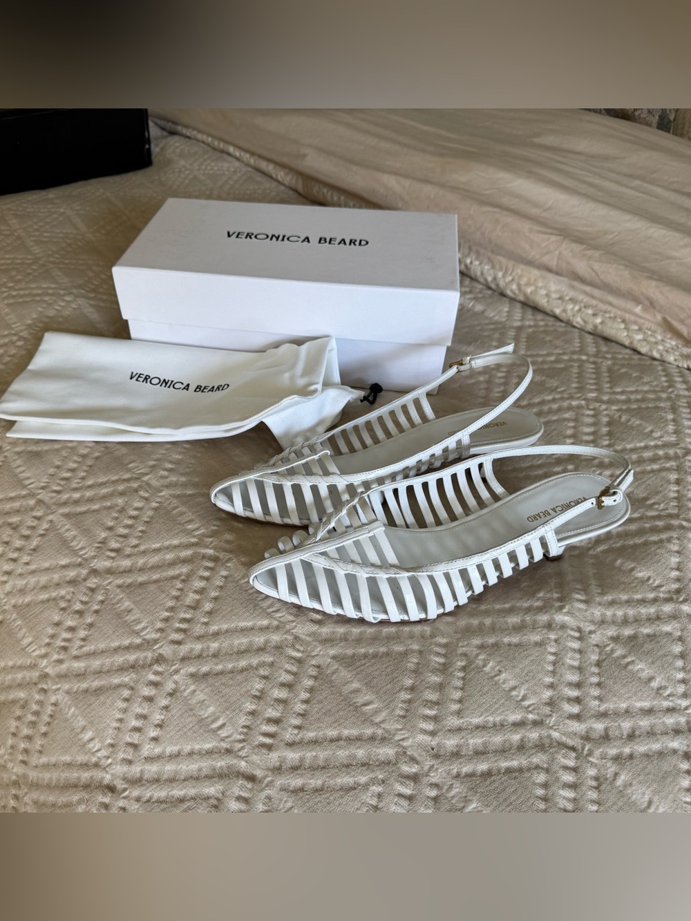 Veronica Beard White Strappy Cage Slingback Flats